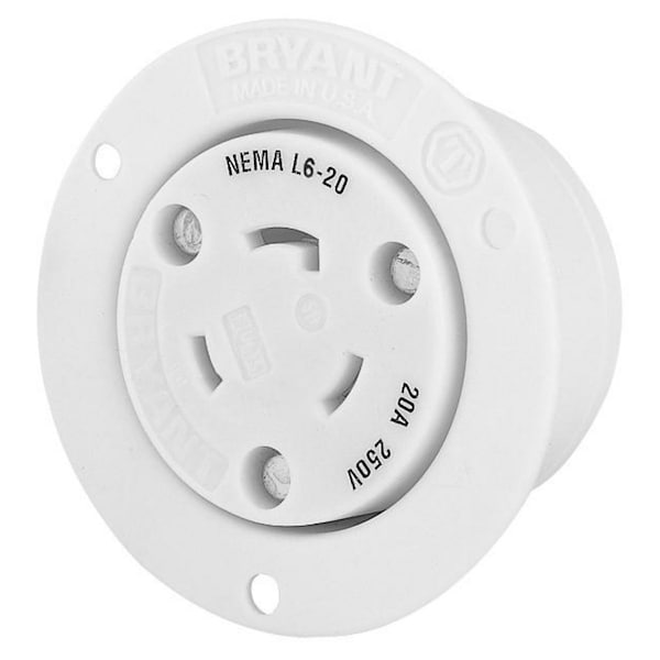 Bryant Flanged Locking Receptacle, L6-20R, 20 A, 250V AC, Single Phase, 2 Pole, Screw Terminals, White 70620ER - main